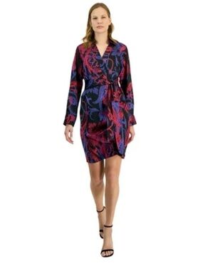 Tahari ASL Wrap-Style Long Sleeve Dress in Black with Pink & Purple Print NWT